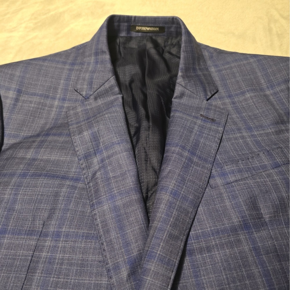 Emporio Armani G-Line Blazer Jacket Blue Plaid Wool Silk Mens 58R Sportcoat - Picture 4 of 14
